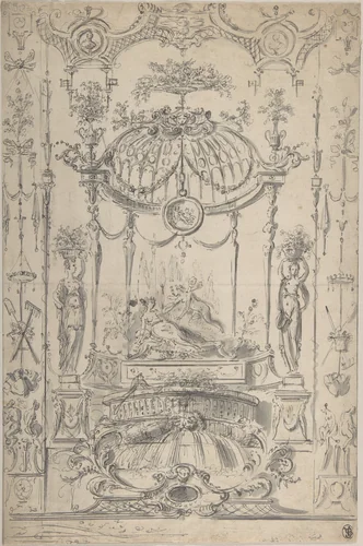 Design for an Arabesque with Cupid and Psyche by Claude Gillot, drawing, 1720-1740