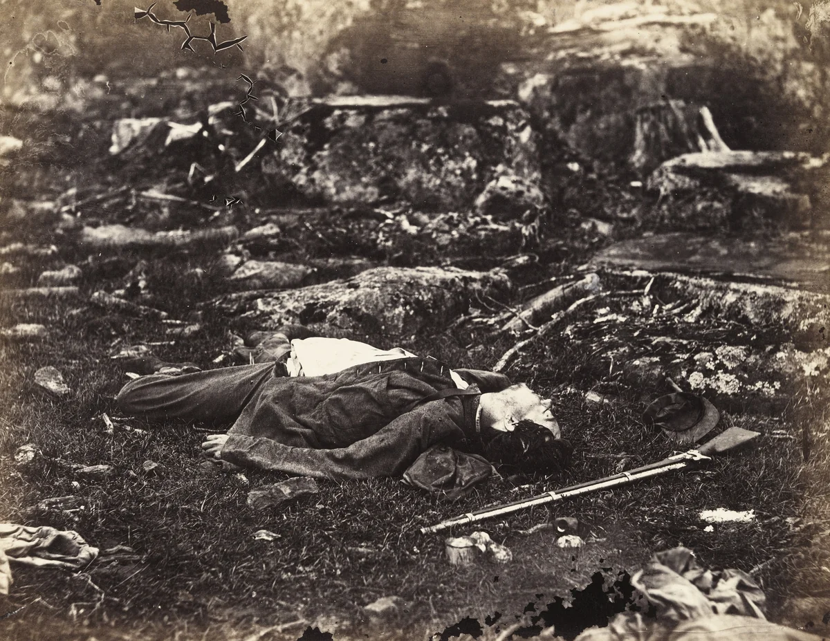 A Sharpshooter's Last Sleep, Gettysburg, Pennsylvania by Alexander Gardner, photograph, 1863