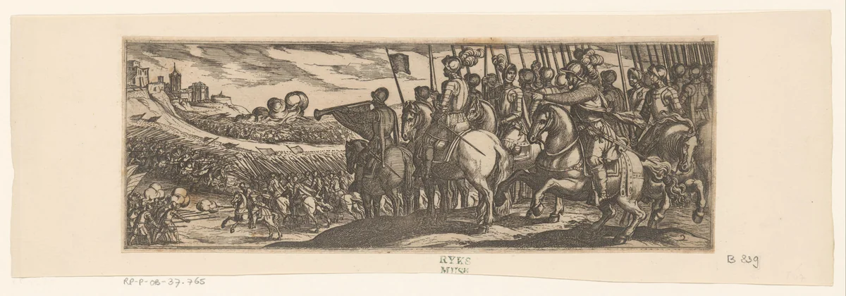 Gevechtsscène met cavalerie en trompetter op een heuvel by Antonio Tempesta, print, 1599