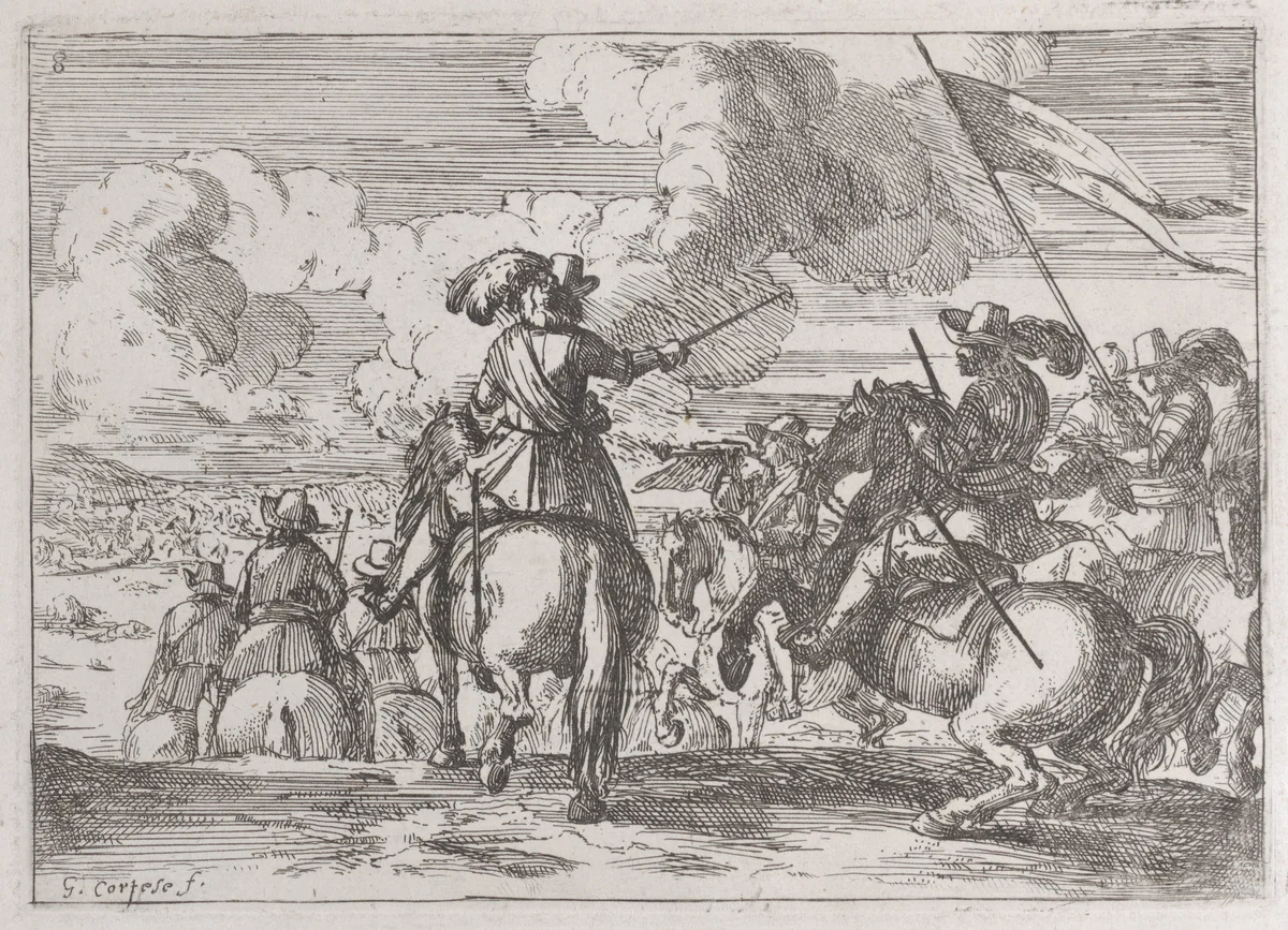 Plate 8: the march to the battlefield by Jacques Courtois, print, 1635-1660