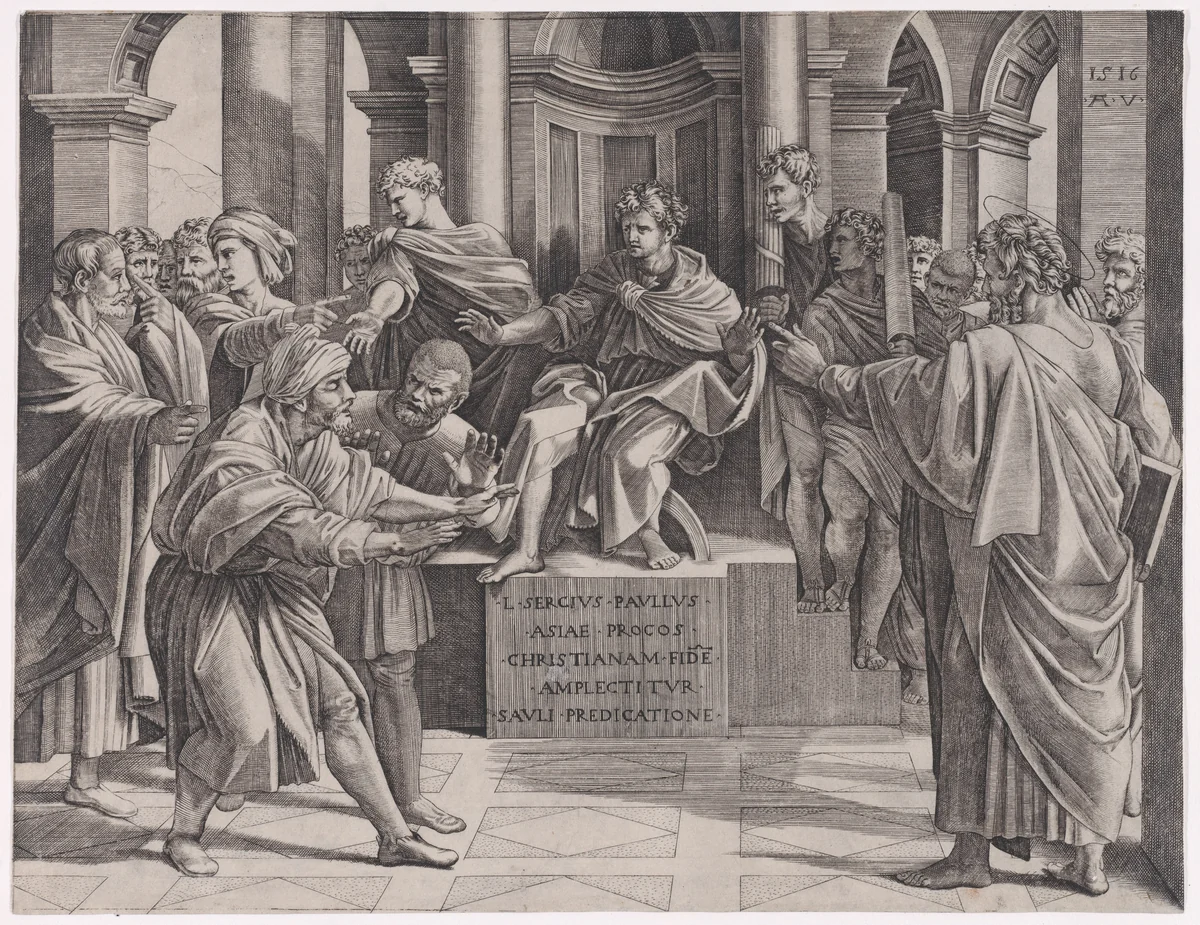 The Blinding of Elymas by Agostino Veneziano, print, 1511-1521