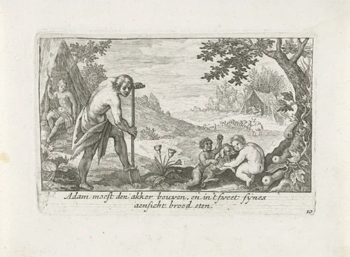 Adam ploegt de aarde by Crispijn van de Passe, print, 1700-1750
