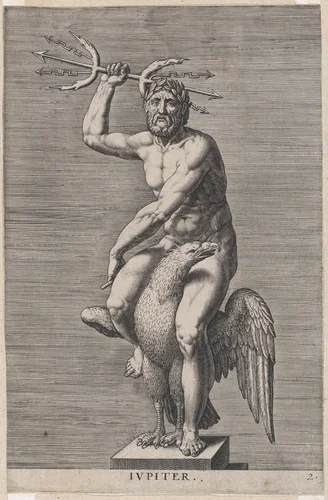 Jupiter; statue of the nude god seated on an eagle, holding a double trident, plate 2 from "Statues of Roman Gods" by Philips Galle, print, 1586
