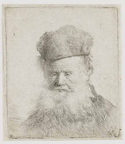 Bust of an old man with a fur cap and flowing beard, nearly full face by Rembrandt van Rijn, print, 1631
