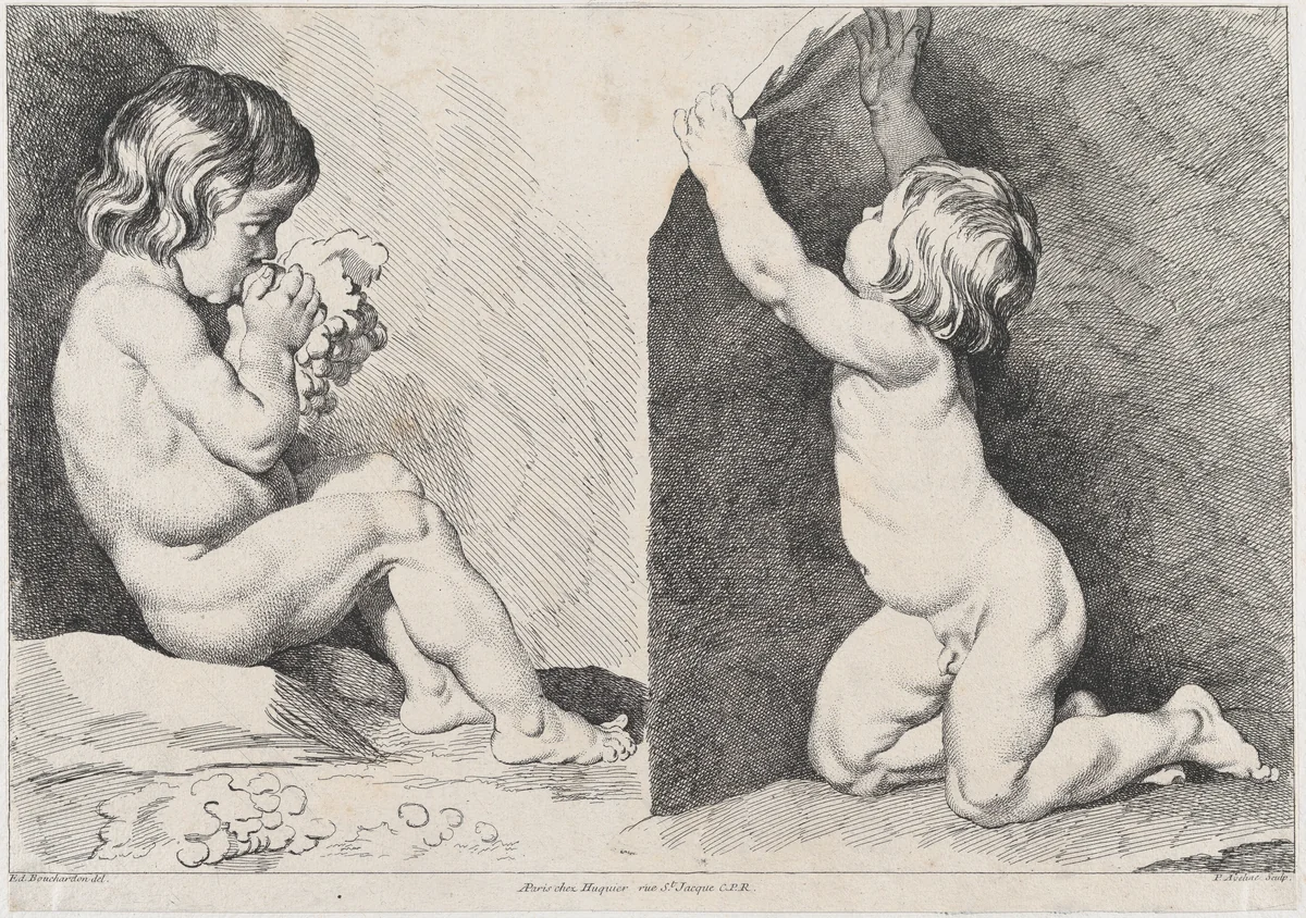Two nude children eating grapes, from "New Book of Children" by Pierre Alexandre Aveline, print, 1720-1760