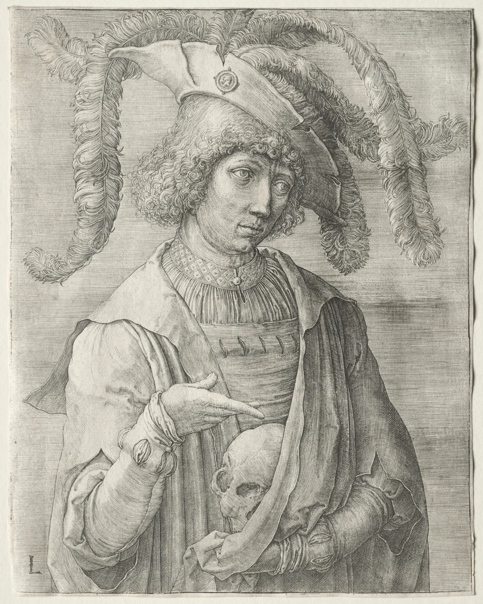 Portrait of a Young Man with a Skull by Lucas van Leyden, print, 1514-1524