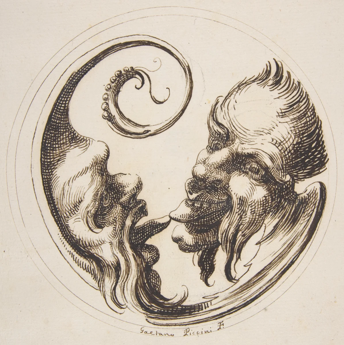 Two Grotesque Heads Facing One Another and Touching Tongues Within a Circle by Gaetano Piccini, drawing, 1727