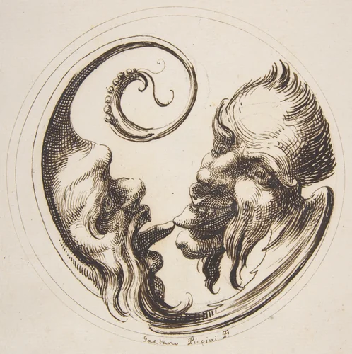 Two Grotesque Heads Facing One Another and Touching Tongues Within a Circle by Gaetano Piccini, drawing, 1727