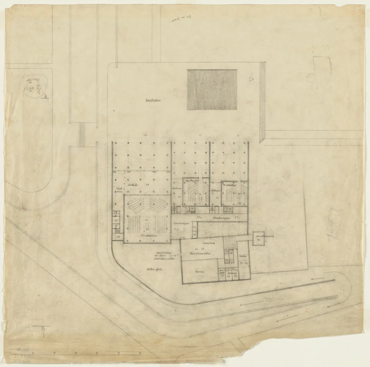 Woodland Crematorium, Stockholm, Sweden, First version: ground floor plan by Erik Gunnar Asplund, architecture