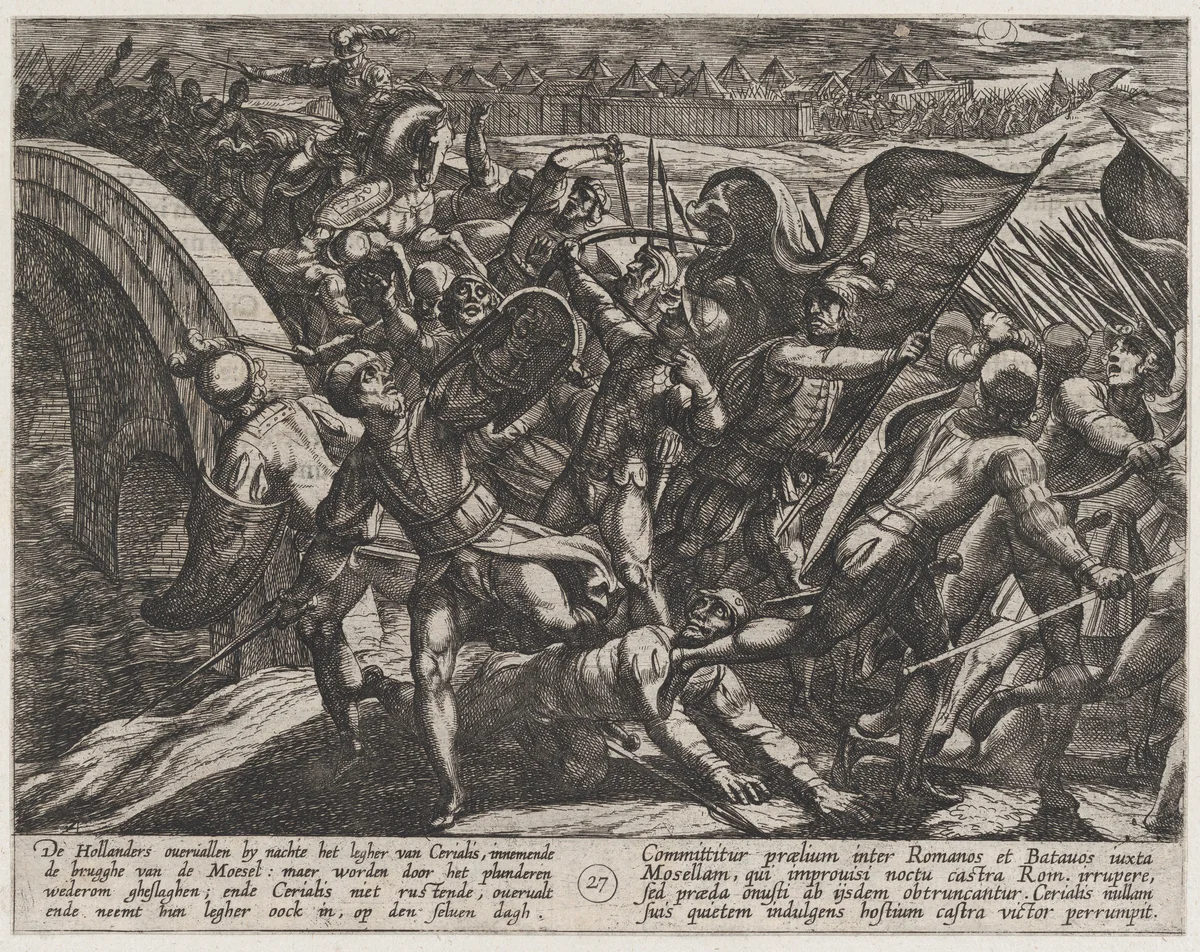 Plate 27: The Dutch During a Surprise Attack of the Roman Camp on the Moselle, from The War of the Romans Against the Batavians (Romanorvm et Batavorvm societas) by Antonio Tempesta, print, 1611-1612