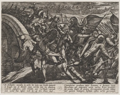 Plate 27: The Dutch During a Surprise Attack of the Roman Camp on the Moselle, from The War of the Romans Against the Batavians (Romanorvm et Batavorvm societas) by Antonio Tempesta, print, 1611-1612