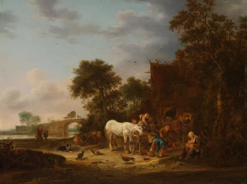 Country inn with a horse at the trough by Isaac van Ostade, painting, 1643