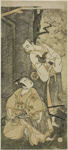 The Actors Nakamura Utaemon I as Seigen (right), and Ichikawa Komazo II as Shimizu Tonoinosuke Kiyoharu (left), in the Play Soga Moyo Aigo no Wakamatsu, Performed at the Nakamura Theater in the Third Month, 1769 by Ippitsusai Buncho, print, 1764-1774