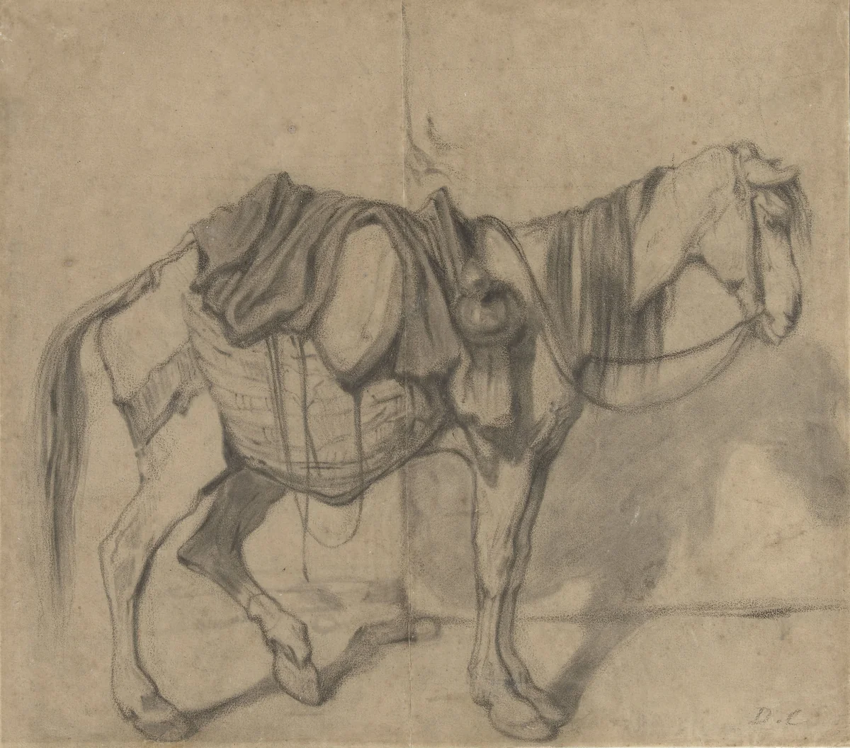 Staand lastpaardje met zijmanden en een kruik by Alexandre-Gabriel Decamps, drawing, 1813-1860
