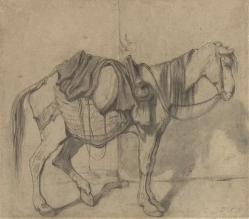 Staand lastpaardje met zijmanden en een kruik by Alexandre-Gabriel Decamps, drawing, 1813-1860