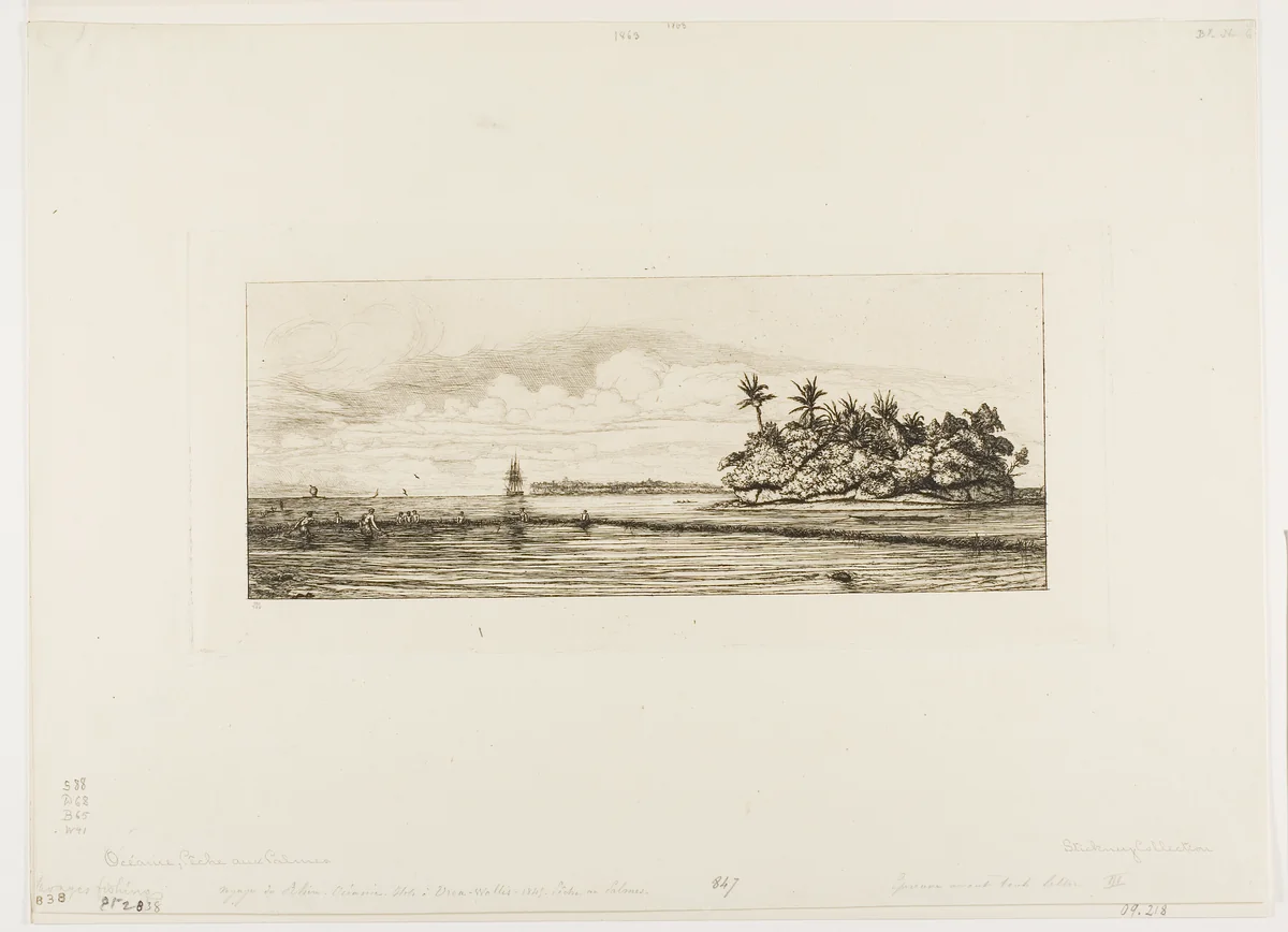 Oceania: Fishing, Near Islands with Palms in the Uea or Wallis Group, 1845 by Charles Meryon, print, 1863