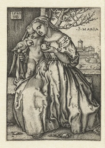 Maria met kind en papegaai en peer by Hans Sebald Beham, print, 1549