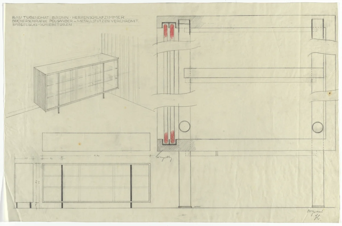 Tugendhat House, Brno, Czech Republic (Perspective, elevations, plan and section. Master bedroom bookcase.) by Ludwig Mies van der Rohe, mies van der rohe archive, 1928