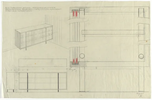 Tugendhat House, Brno, Czech Republic (Perspective, elevations, plan and section. Master bedroom bookcase.) by Ludwig Mies van der Rohe, mies van der rohe archive, 1928