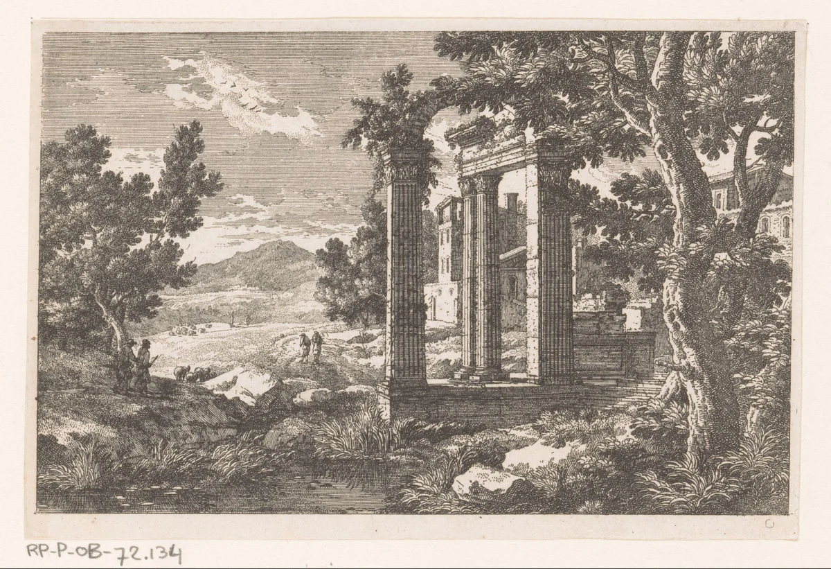 Landschap met vier zuilen by Adam Perelle, print, 1648-1695