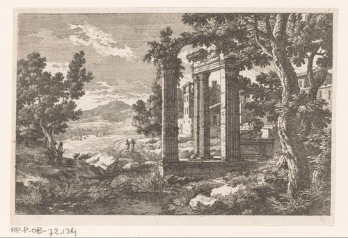 Landschap met vier zuilen by Adam Perelle, print, 1648-1695
