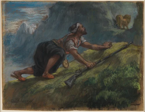 A Hunter Stalking a Lion in the Mountains of North Africa by Eugène Delacroix, drawing, 1849