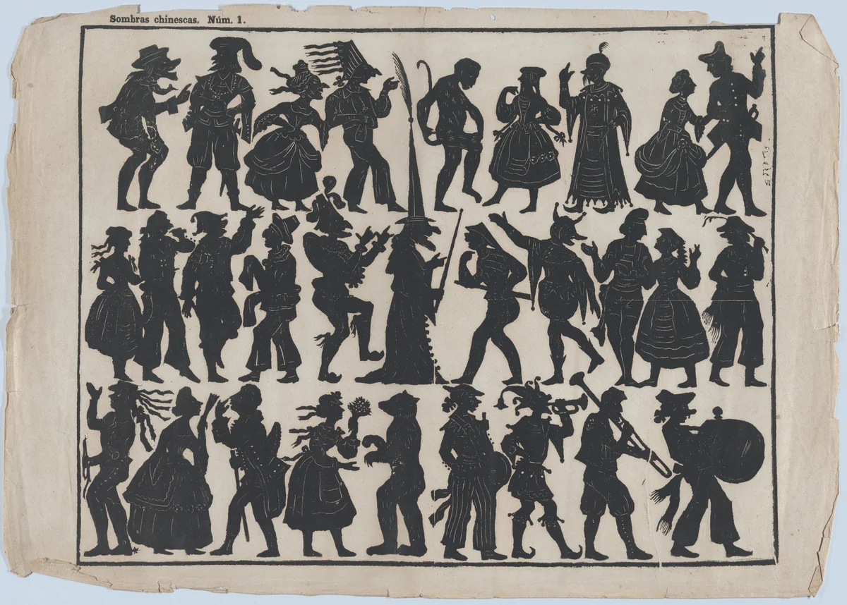 Sheet 1 of figures for Chinese shadow puppets by Juan Llorens, print, 1845-1855