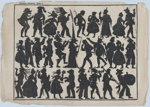 Sheet 1 of figures for Chinese shadow puppets by Juan Llorens, print, 1845-1855