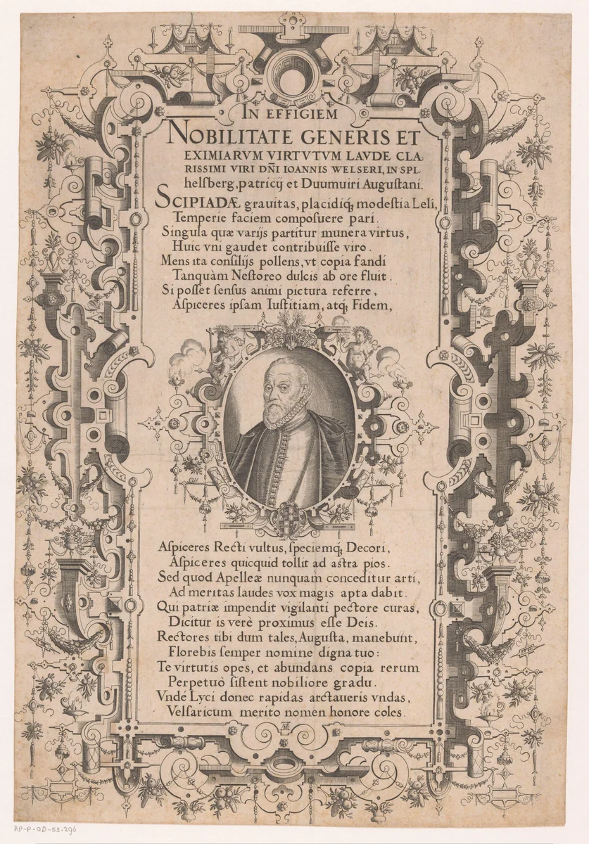 Portret van Johann Welser met ornamentale rand by Unknown, print, 1584