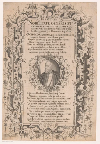 Portret van Johann Welser met ornamentale rand by Unknown, print, 1584