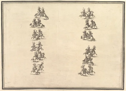 Twenty-four riders dueling and forming two columns, from "La Gara delle Stagioni" by Stefano della Bella, print, 1652