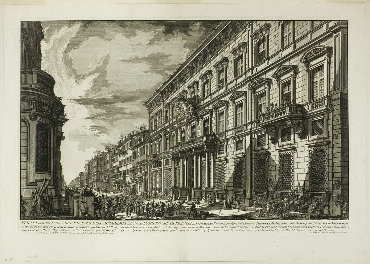 View along the Via del Corso of the Palazzo dell' Accademia established by Louis XIV, King of France for French students of Painting, Sculpture and Architecture, from Views of Rome by Giovanni Battista Piranesi, print, 1750-1759