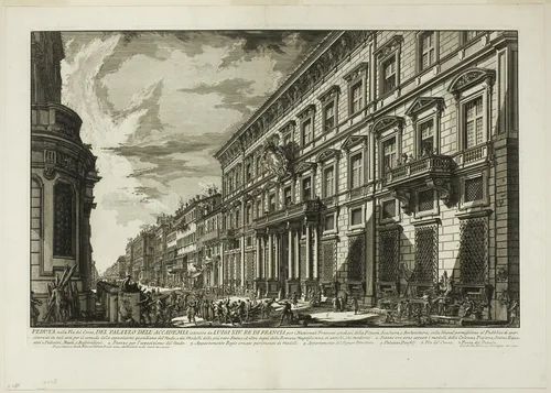 View along the Via del Corso of the Palazzo dell' Accademia established by Louis XIV, King of France for French students of Painting, Sculpture and Architecture, from Views of Rome by Giovanni Battista Piranesi, print, 1750-1759