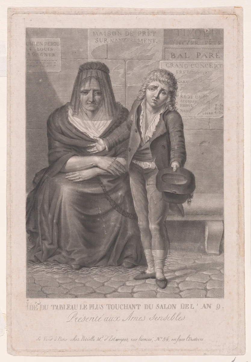 Idée du tableau le plus touchant du Salon de l’an 9 (La Pauvre rentière) by Férréol de Bonnemaison, print, 1795-1805