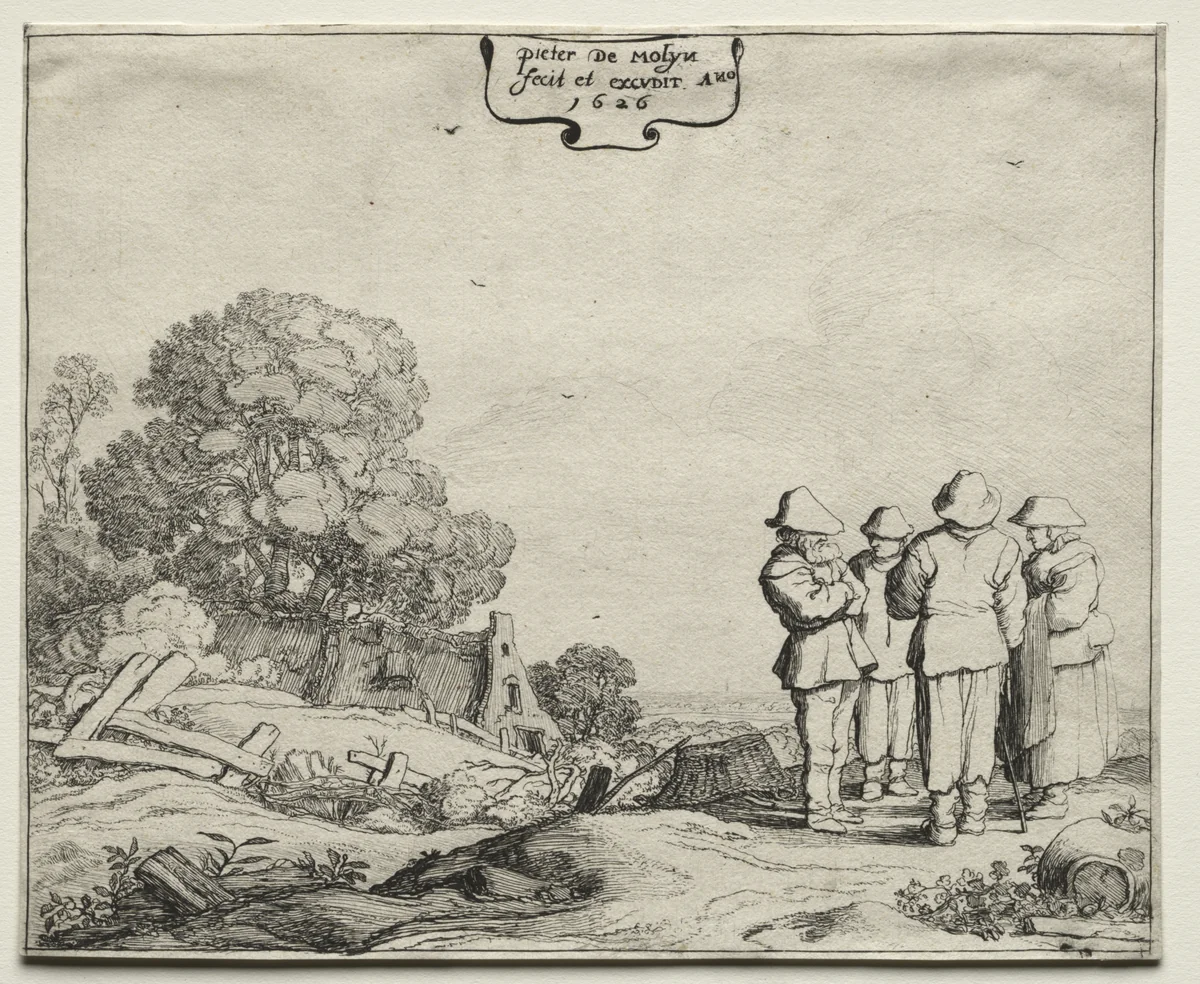 Landscape with Four Peasants Conversing by Pieter Molyn, print, 1626