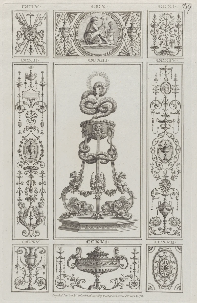 Tripod and Panels of Ornament, nos. CCIV–CCXVII, plate 39 from "Designs for Various Ornaments" by Michelangelo Pergolesi, print, 1782
