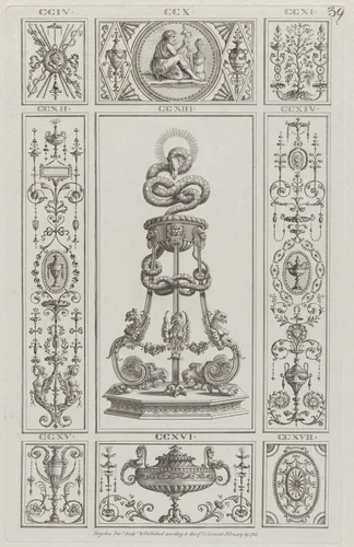 Tripod and Panels of Ornament, nos. CCIV–CCXVII, plate 39 from "Designs for Various Ornaments" by Michelangelo Pergolesi, print, 1782