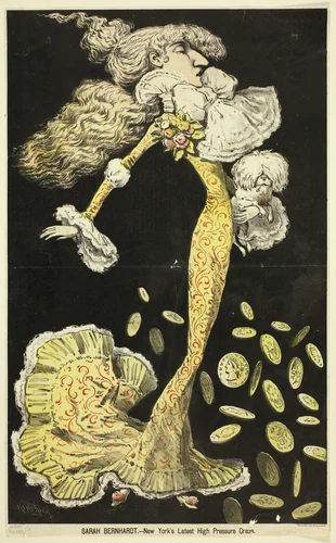 Sarah Bernhardt - New York's Latest High Pressure Craze; double-page spread from "Chic" magazine (27 October 1880) by Charles Kendrick, print, 1880