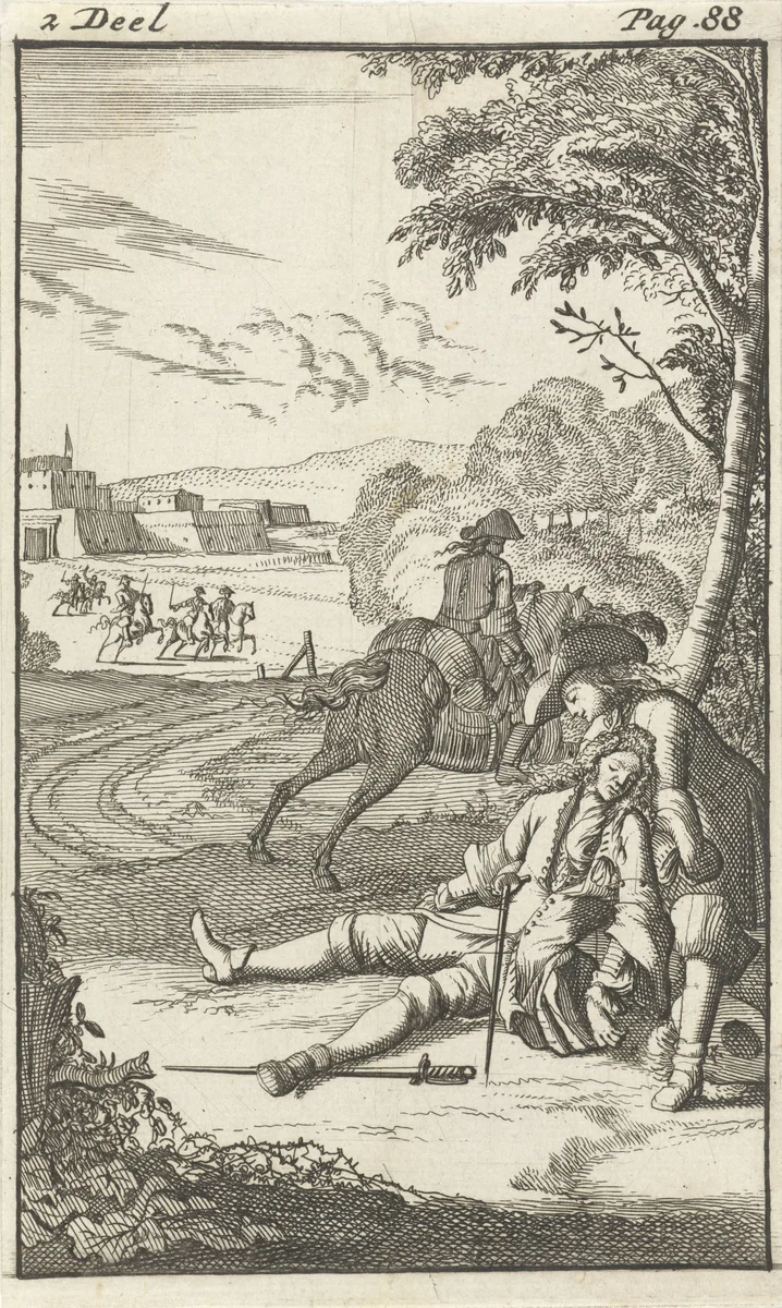 Mirandor vindt nabij Arras een gewonde man by Caspar Luyken, print, 1695
