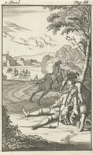 Mirandor vindt nabij Arras een gewonde man by Caspar Luyken, print, 1695