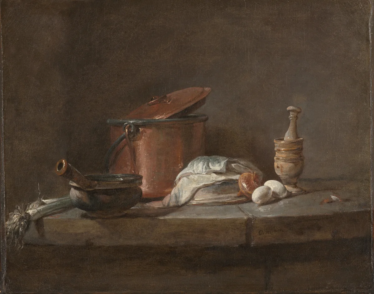 Kitchen Utensils with Leeks, Fish, and Eggs by Jean-Siméon Chardin, painting, 1729-1739
