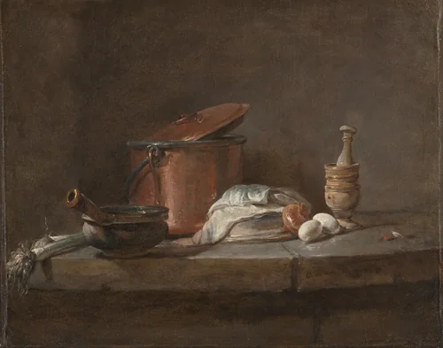 Kitchen Utensils with Leeks, Fish, and Eggs by Jean-Siméon Chardin, painting, 1729-1739