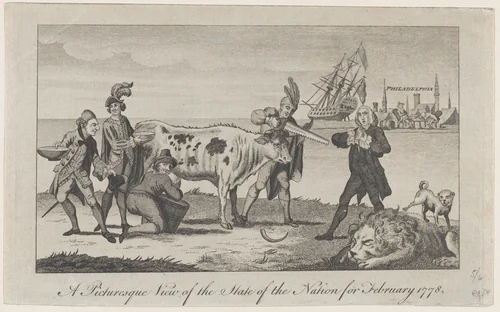 A Picturesque View of the State of the Nation for February 1778, from The Westminster Magazine by anonymous, print, 1778