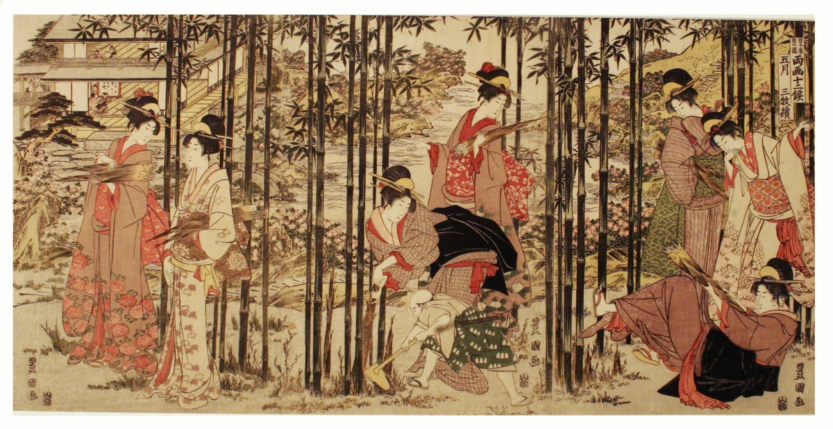 The Fifth Month, a Set of Three (Gogatsu sambukutsui), from the series "Twelve Months by the Twin Brushes of Toyohiro and Toyokuni (Toyohiro Toyokuni ryoga juni ko)" by Utagawa Toyokuni I (初代 歌川 豊国), print, 1793-1803