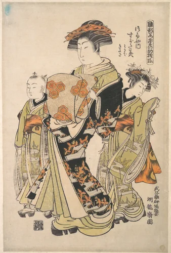 The Courtesan Sugatami of the Tsuruya Brothel, from the series “A Pat-tern Book of the Year’s First Designs, Fresh as Spring Herbs” (“Hinagata wakana no hatsu moyō”) by Isoda Koryūsai, print, 1777-1778