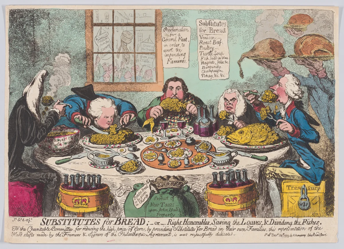 Substitutes for Bread;–or–Right Honorables, Saving the Loaves, & Dividing the Fishes by James Gillray, print, 1795