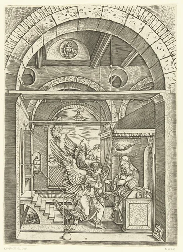 Engel kondigt geboorte Christus aan bij Maria by Marcantonio Raimondi, print, 1510-1515