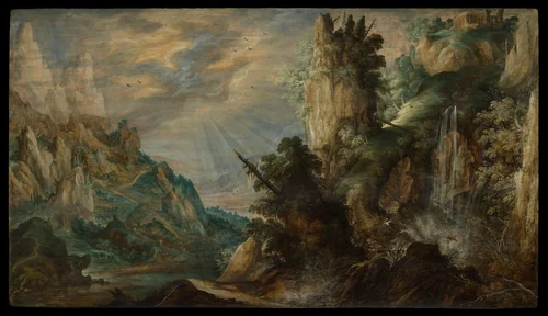 A Mountainous Landscape with a Waterfall by Kerstiaen de Keuninck, painting, 1595-1605