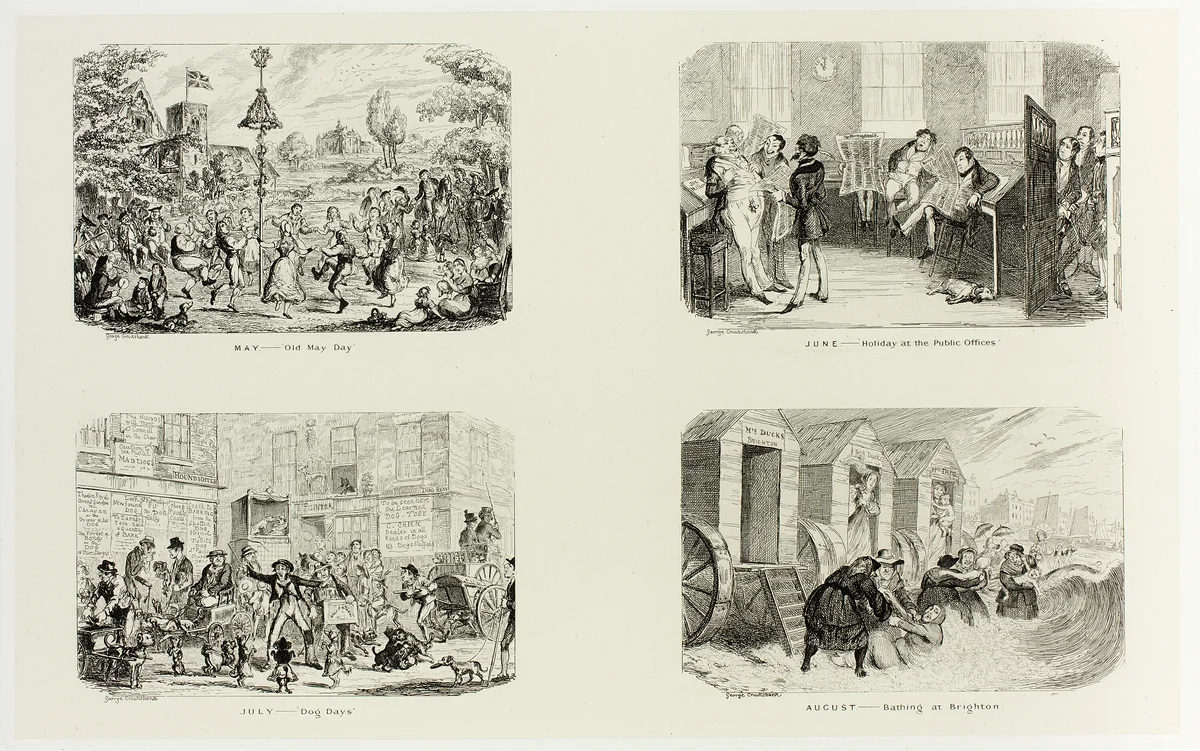 May – "Old May Day" from George Cruikshank's Steel Etchings to The Comic Almanacks: 1835-1853 (top left) by George Cruikshank, print, 1836