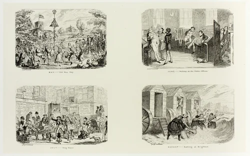 May – "Old May Day" from George Cruikshank's Steel Etchings to The Comic Almanacks: 1835-1853 (top left) by George Cruikshank, print, 1836